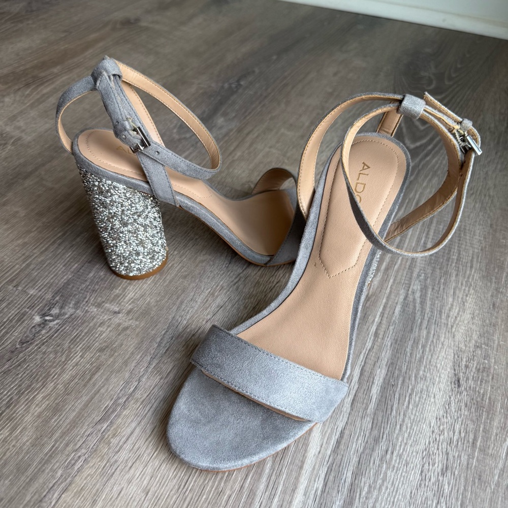 Aldo Gray Suede and Silver Glitter Heels